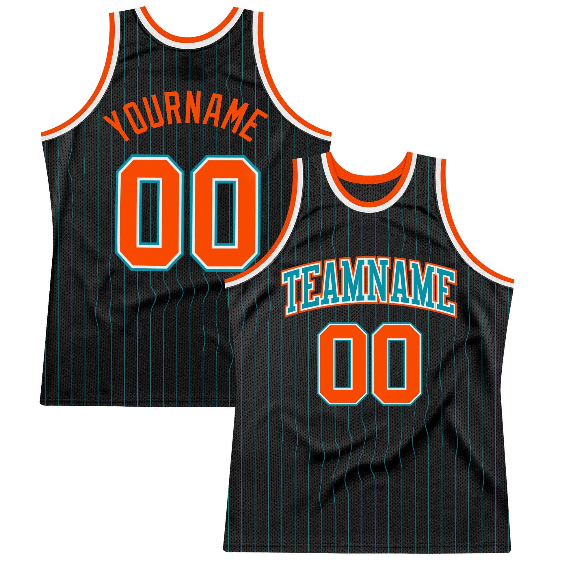 Custom Black Teal Pinstripe Orange-Teal Authentic Basketball Jersey - Main View
