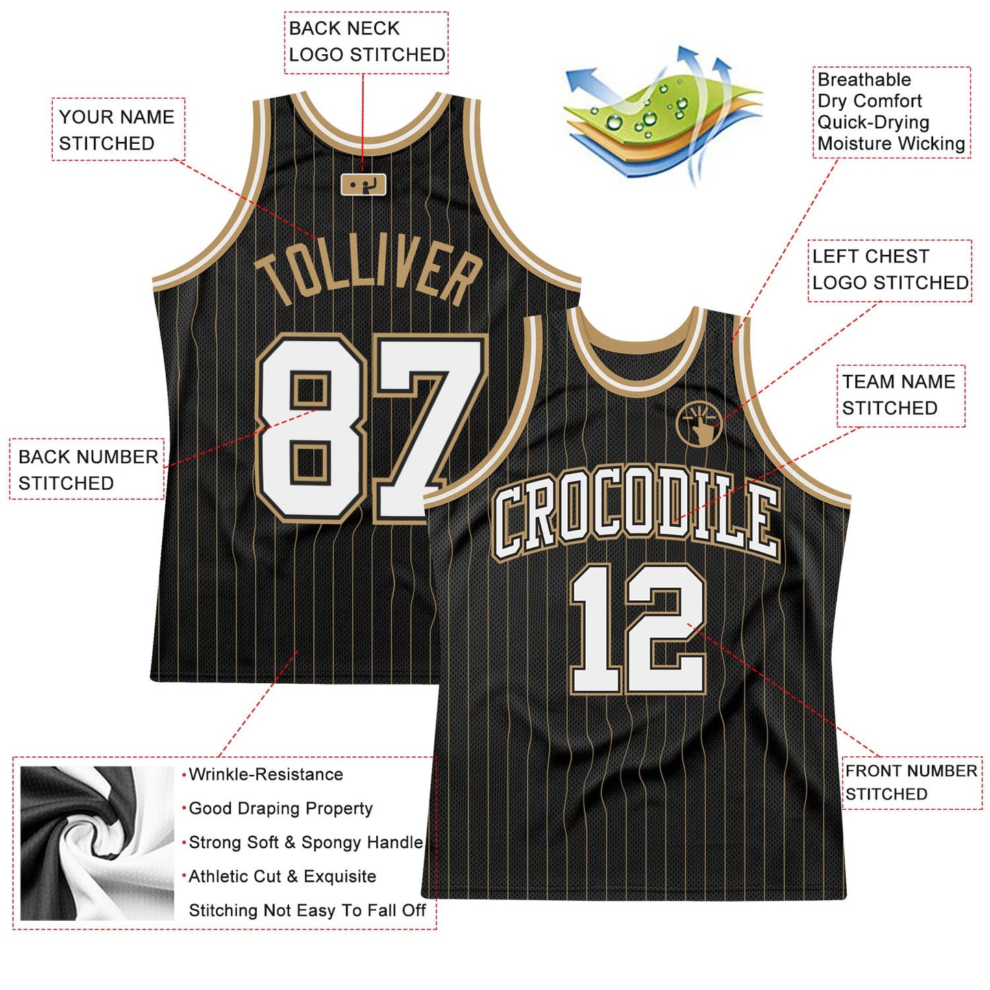 Custom Black Old Gold Pinstripe White-Old Gold Authentic Basketball Jersey view 2