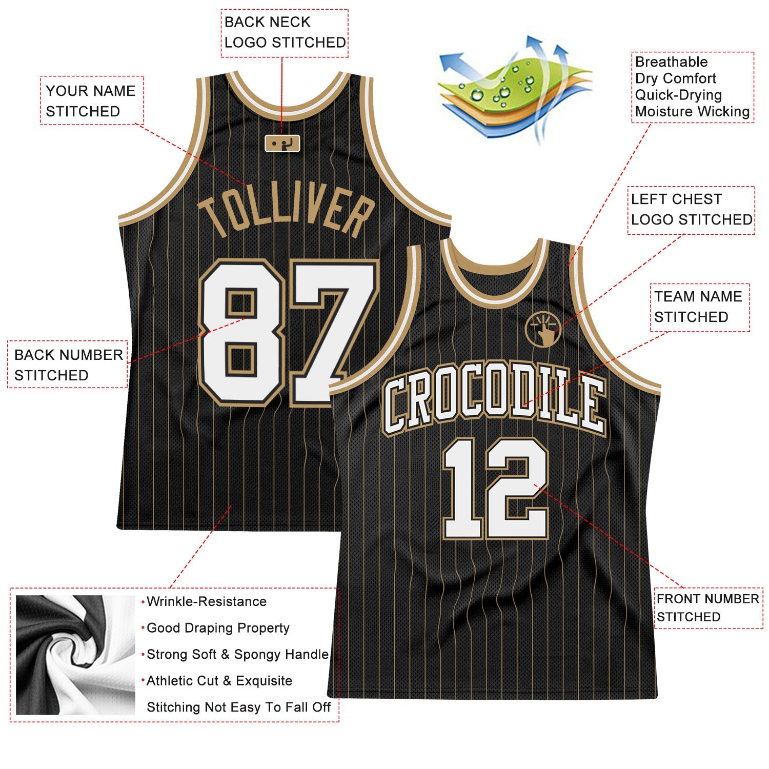 Custom Black Old Gold Pinstripe White-Old Gold Authentic Basketball Jersey view 2