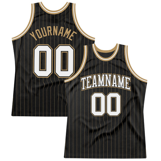 Custom Black Old Gold Pinstripe White-Old Gold Authentic Basketball Jersey - Main View