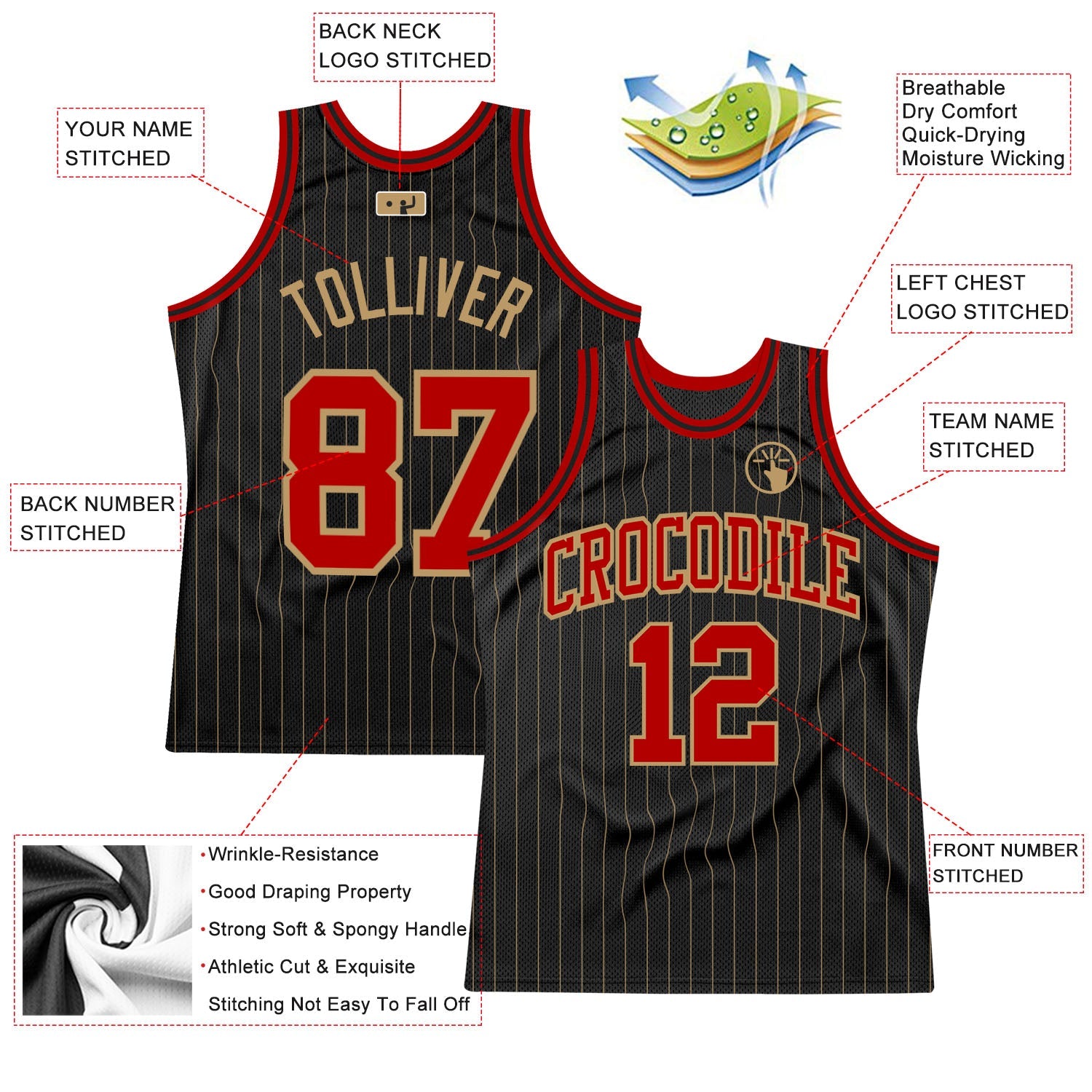 Custom Black Old Gold Pinstripe Red-Old Gold Authentic Basketball Jersey view 2