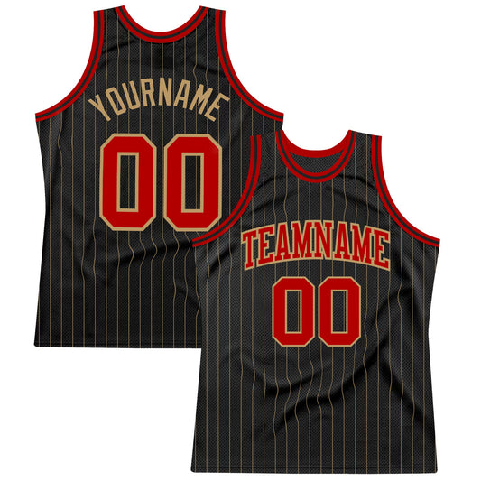 Custom Black Old Gold Pinstripe Red-Old Gold Authentic Basketball Jersey - Main View