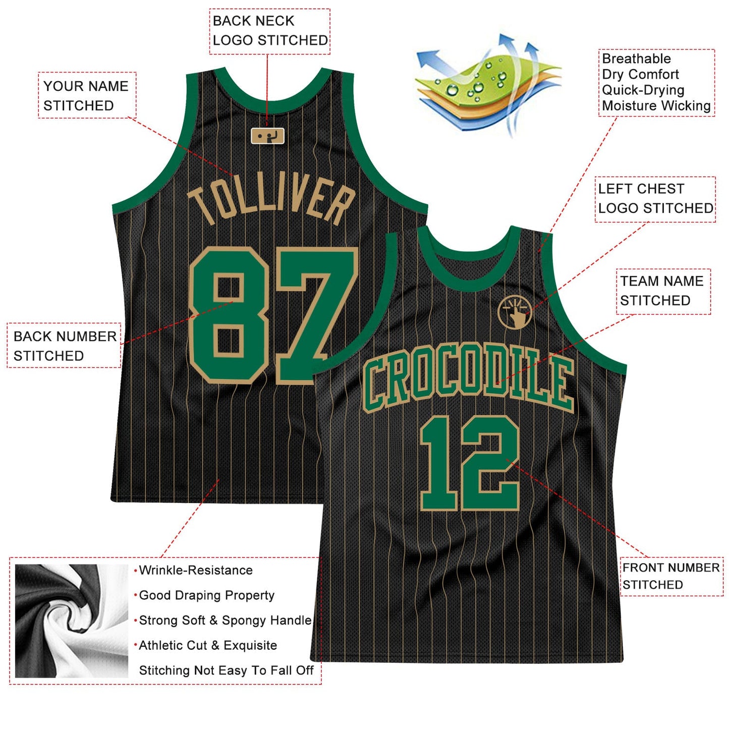 Custom Black Old Gold Pinstripe Kelly Green-Old Gold Authentic Basketball Jersey view 2