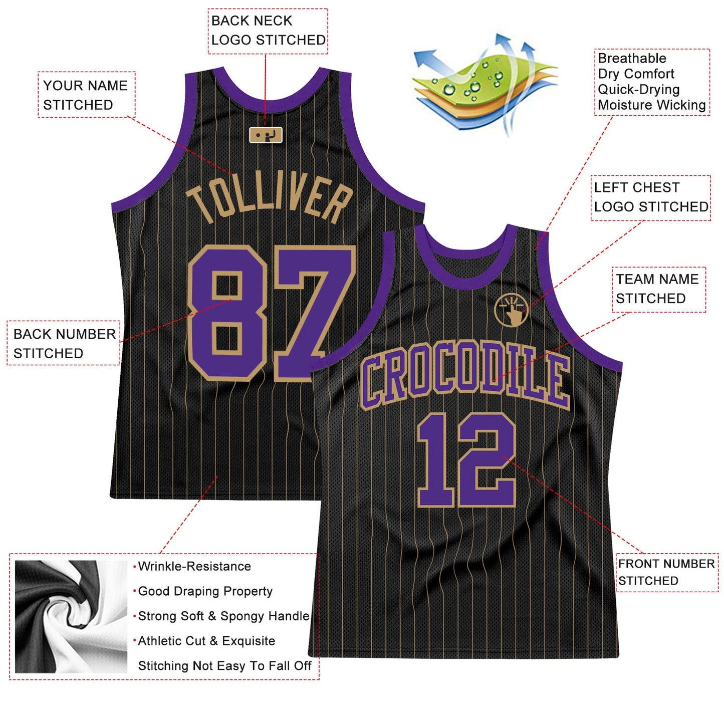 Custom Black Old Gold Pinstripe Purple-Old Gold Authentic Basketball Jersey view 2