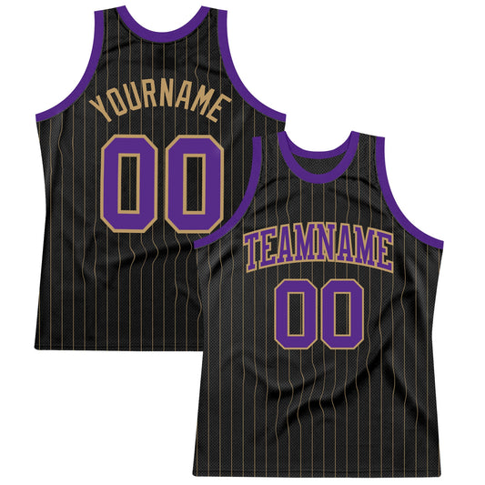 Custom Black Old Gold Pinstripe Purple-Old Gold Authentic Basketball Jersey - Main View