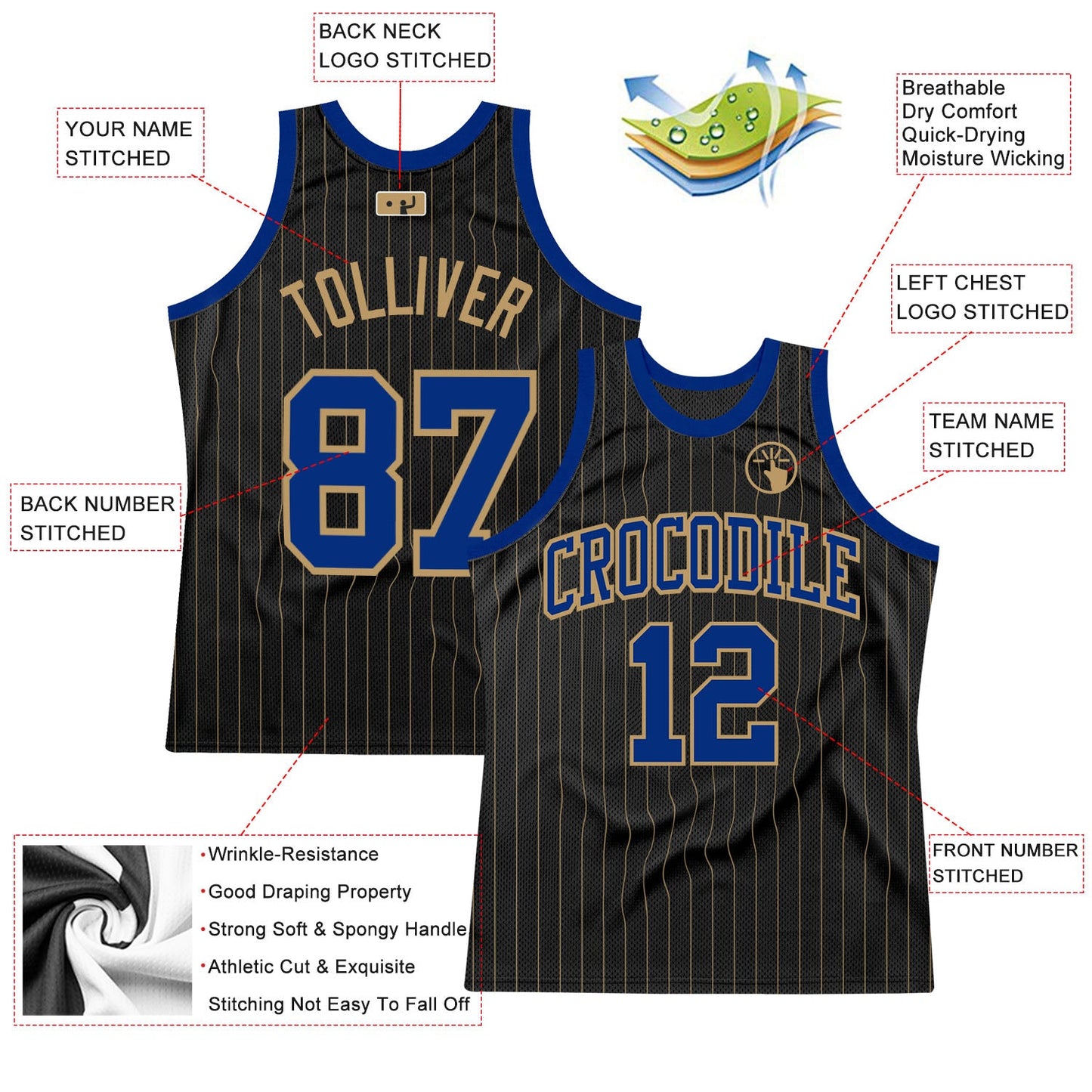 Custom Black Old Gold Pinstripe Royal-Old Gold Authentic Basketball Jersey view 2