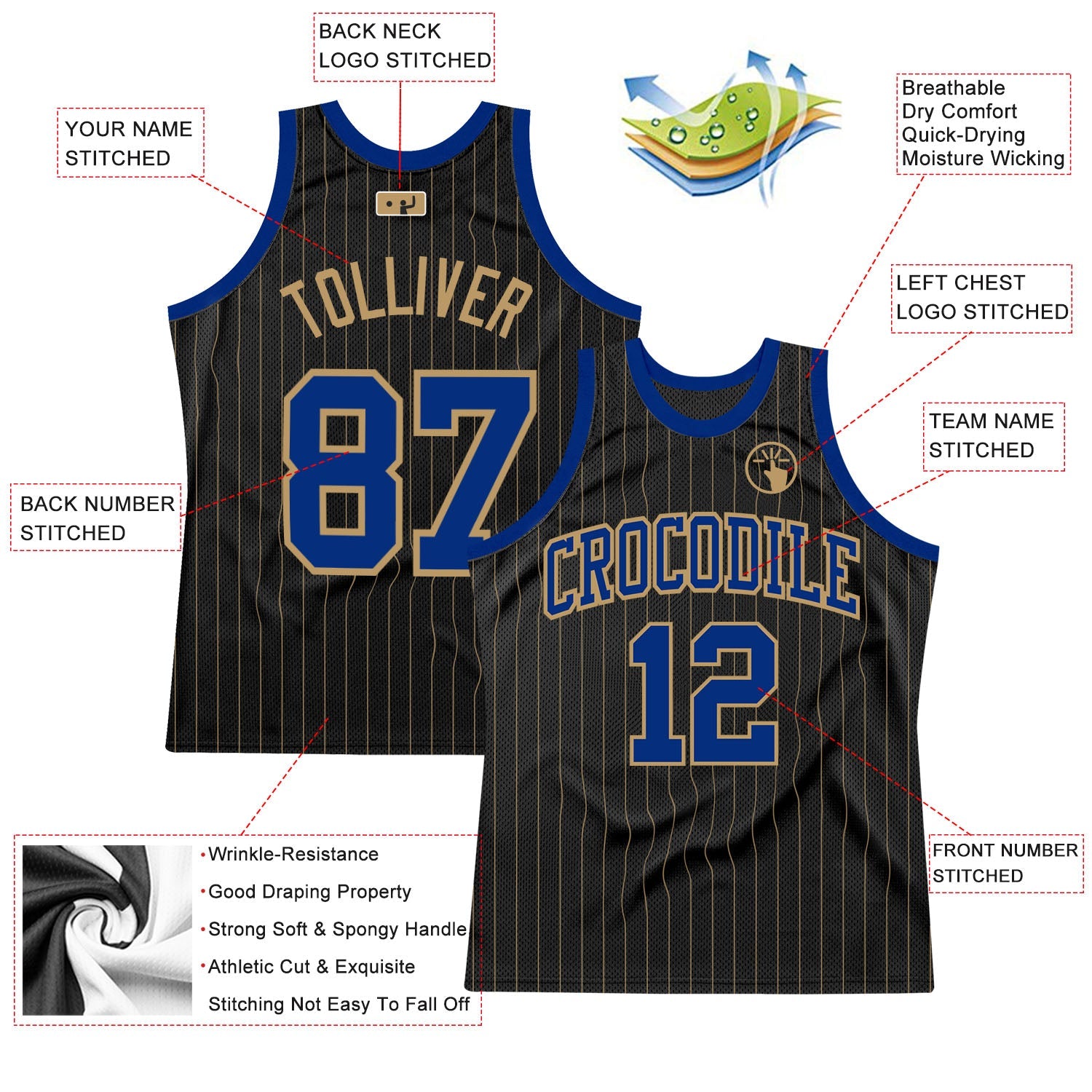 Custom Black Old Gold Pinstripe Royal-Old Gold Authentic Basketball Jersey view 2