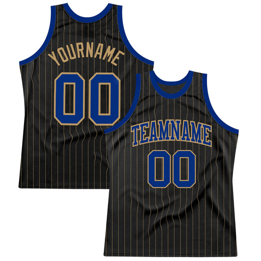 Custom Black Old Gold Pinstripe Royal-Old Gold Authentic Basketball Jersey - Main View