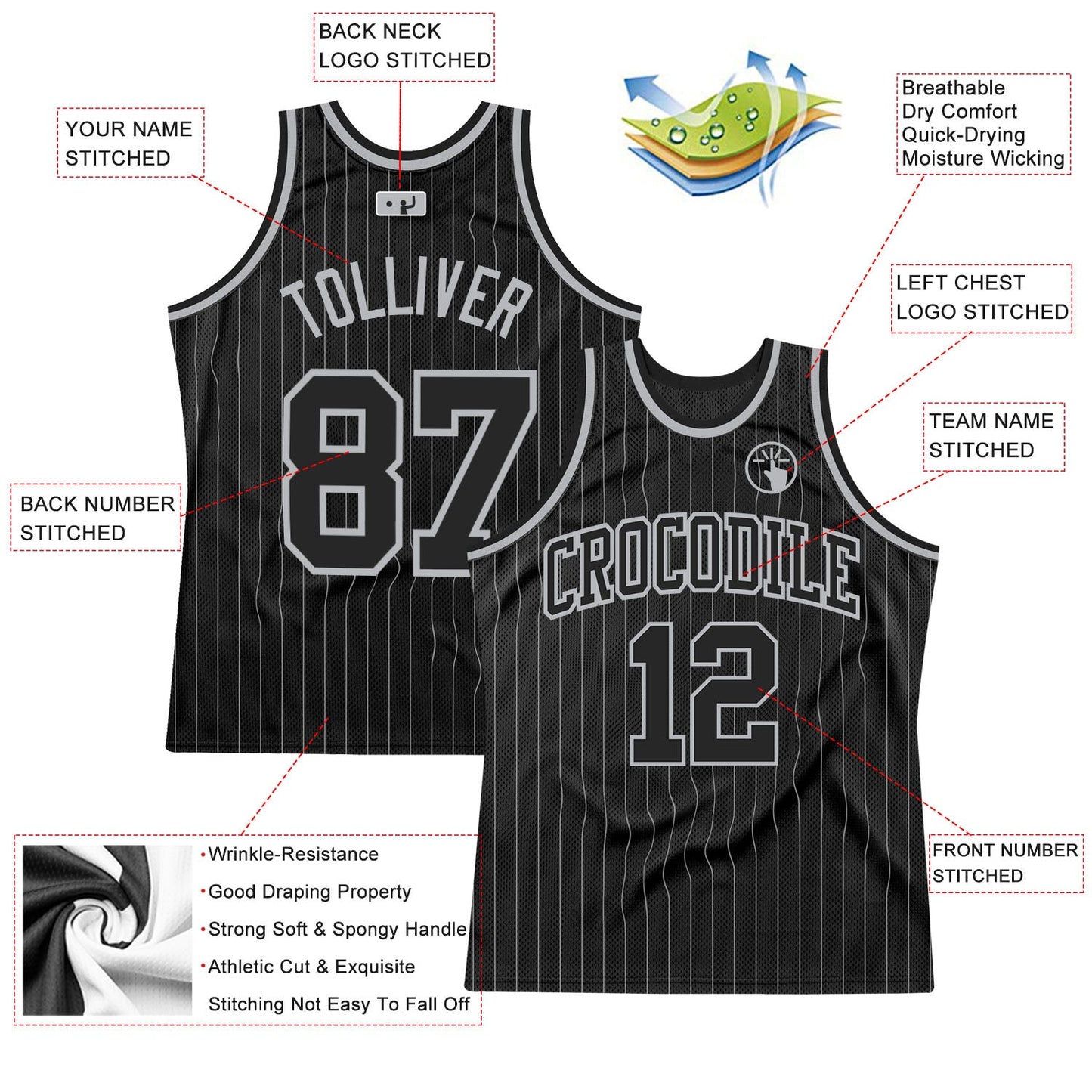 Custom Black Gray Pinstripe Black-Gray Authentic Basketball Jersey view 2