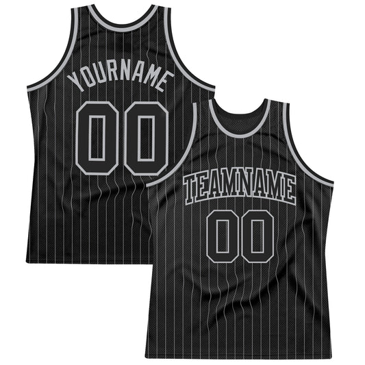 Custom Black Gray Pinstripe Black-Gray Authentic Basketball Jersey - Main View