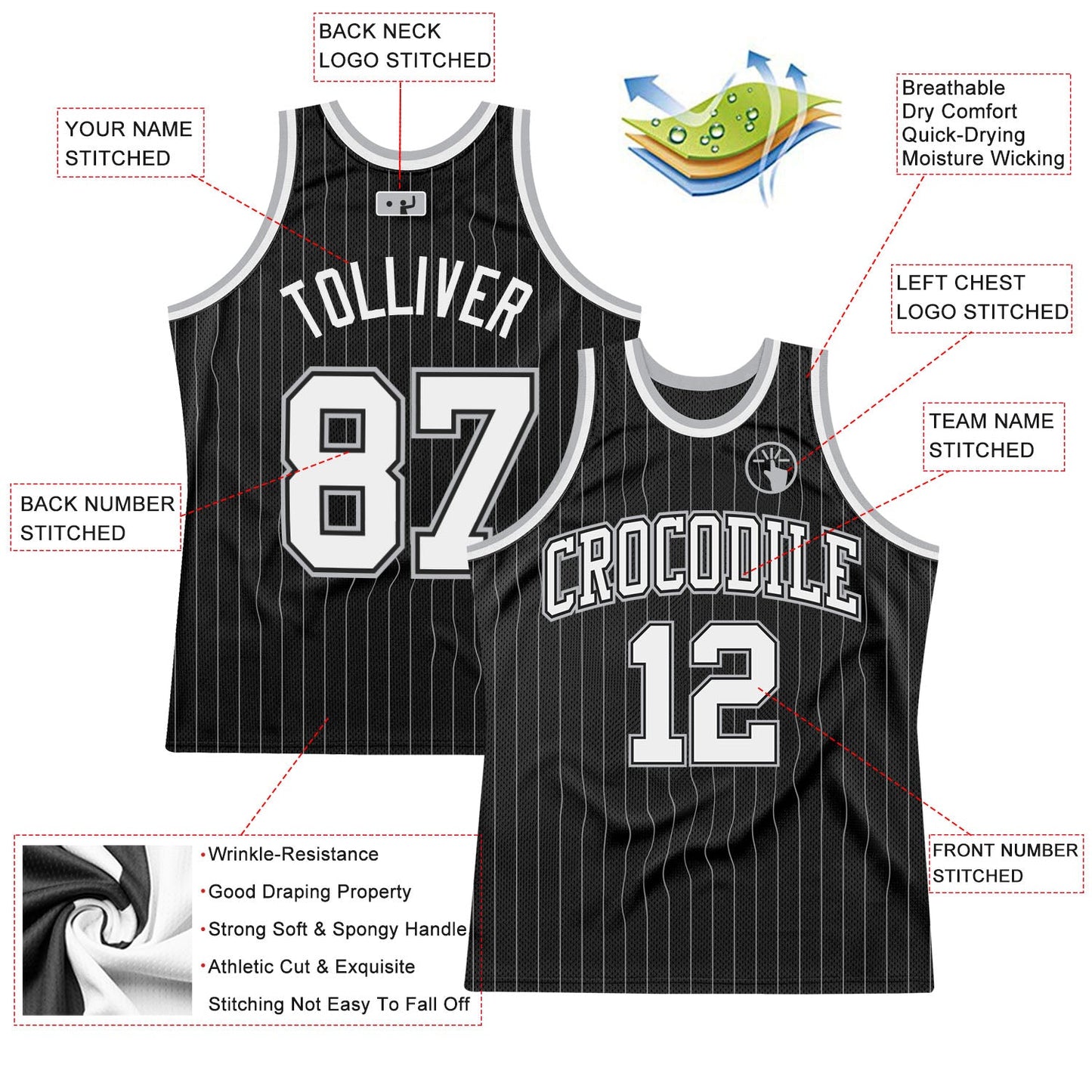 Custom Black Gray Pinstripe White-Gray Authentic Basketball Jersey view 2