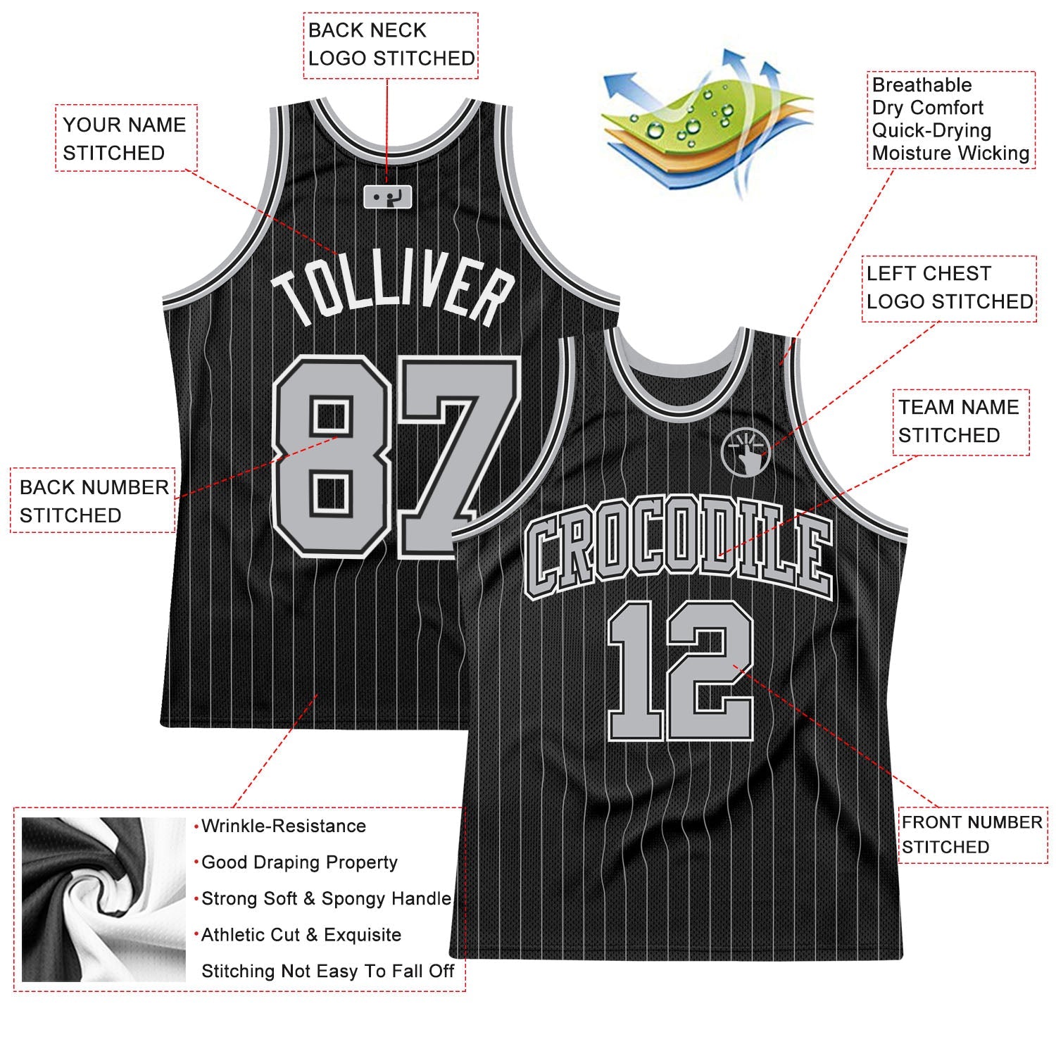 Custom Black Gray Pinstripe Gray-Black Authentic Basketball Jersey view 2