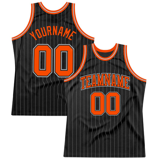 Custom Black Gray Pinstripe Orange-Gray Authentic Basketball Jersey - Main View