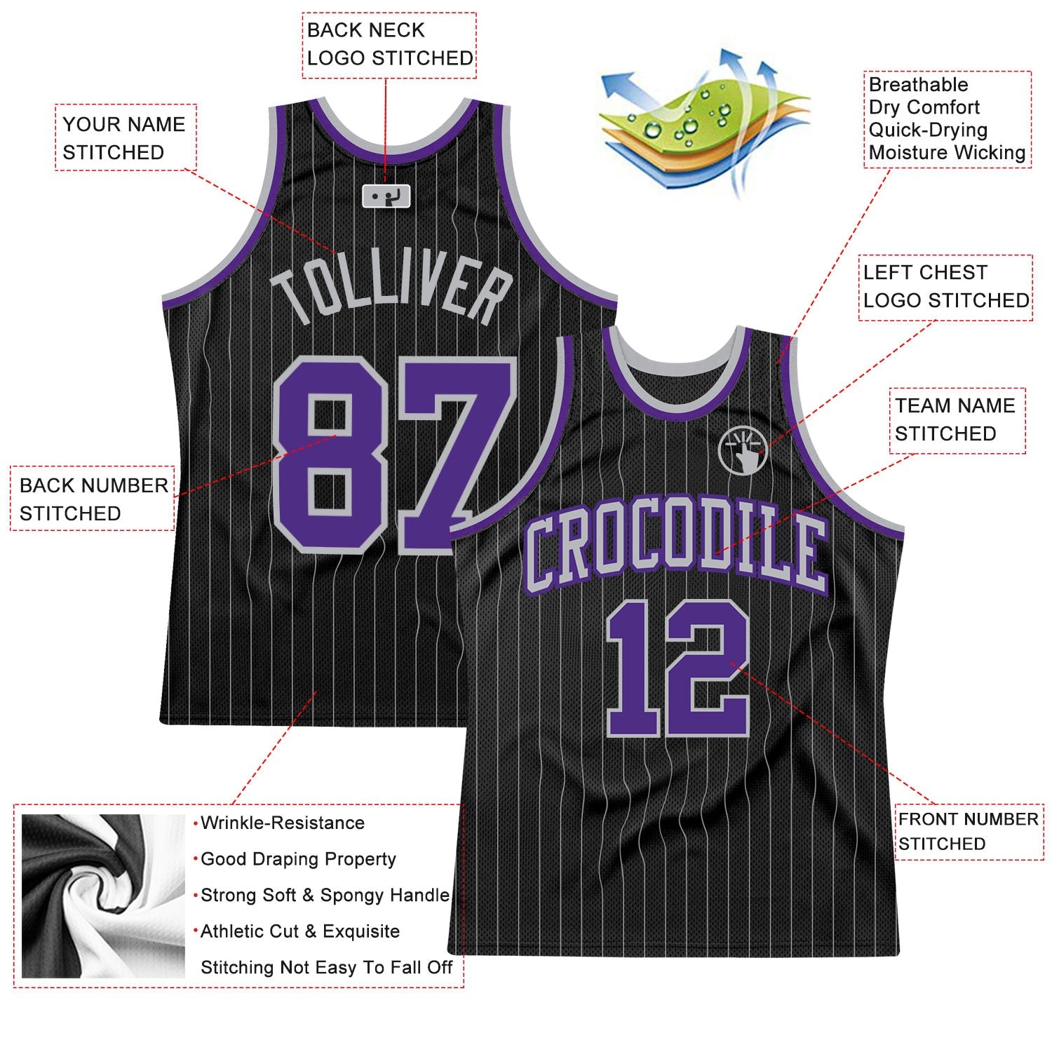 Custom Black Gray Pinstripe Purple-Gray Authentic Basketball Jersey view 2