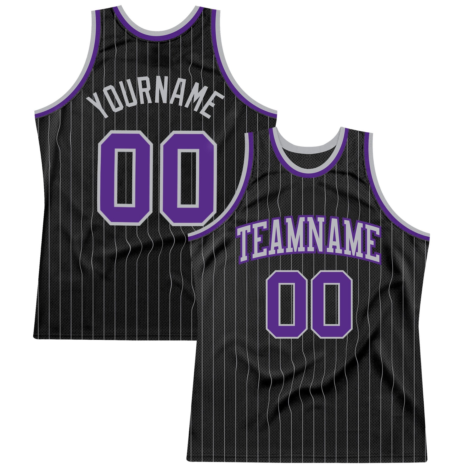 Custom Black Gray Pinstripe Purple-Gray Authentic Basketball Jersey - Main View