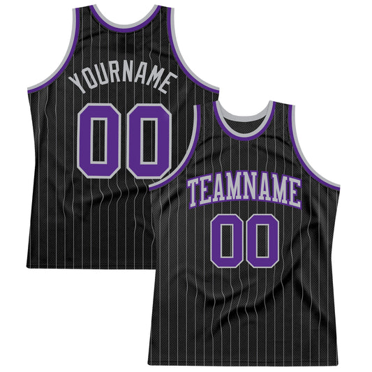 Custom Black Gray Pinstripe Purple-Gray Authentic Basketball Jersey - Main View
