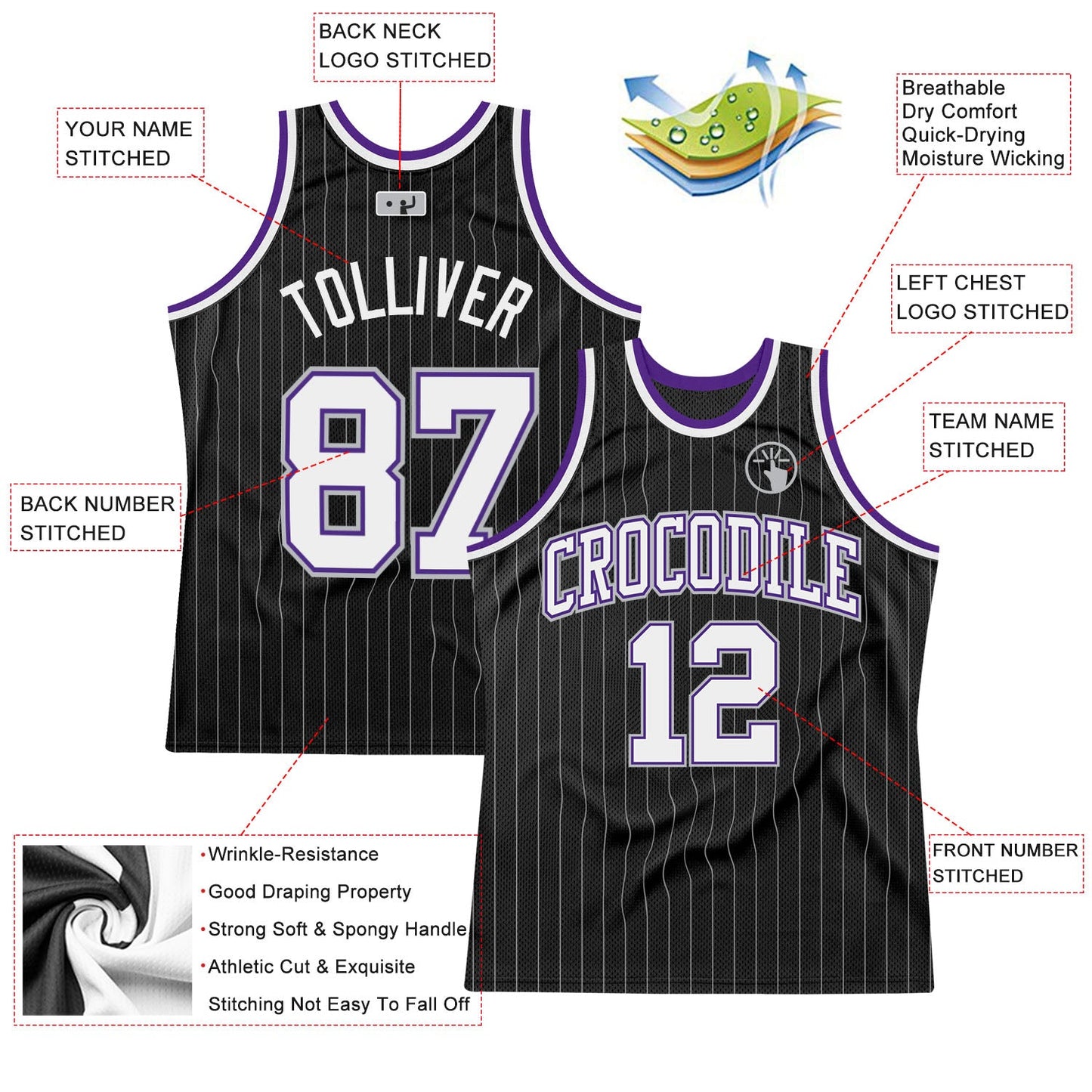 Custom Black Gray Pinstripe White-Purple Authentic Basketball Jersey view 2