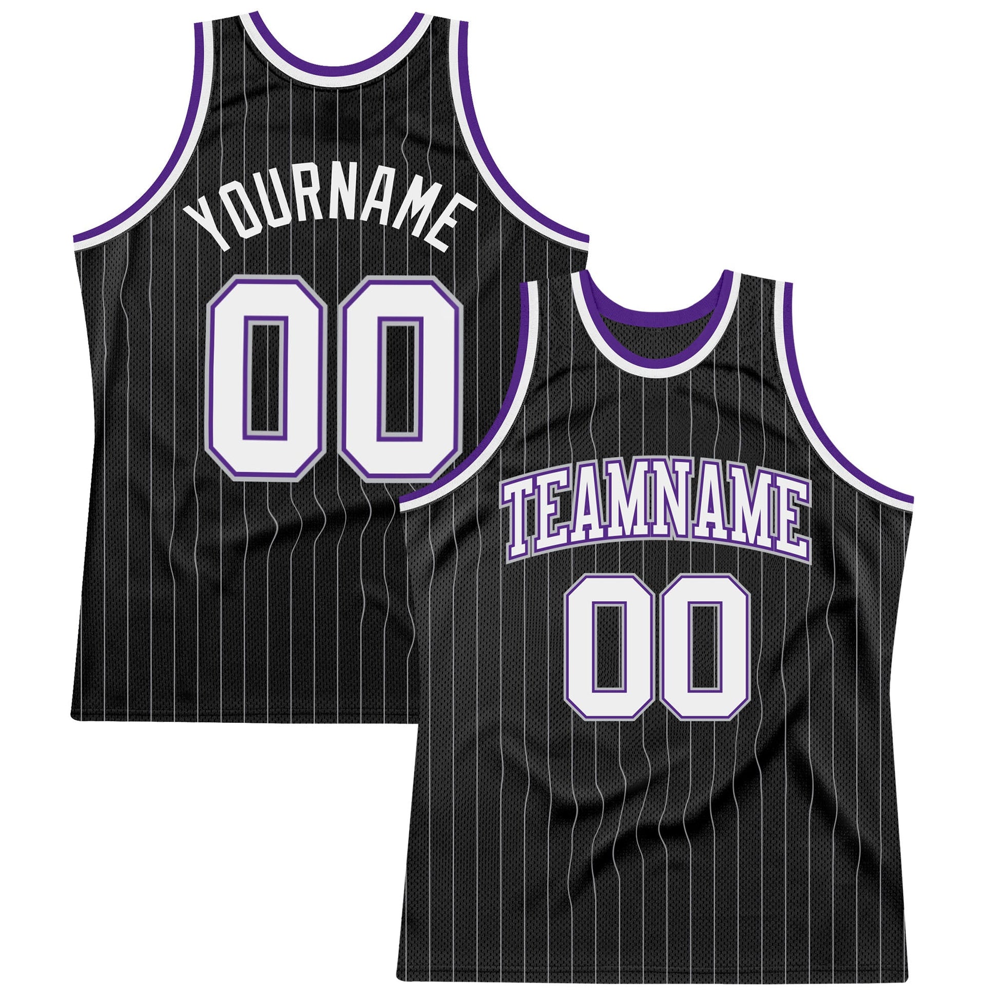 Custom Black Gray Pinstripe White-Purple Authentic Basketball Jersey - Main View
