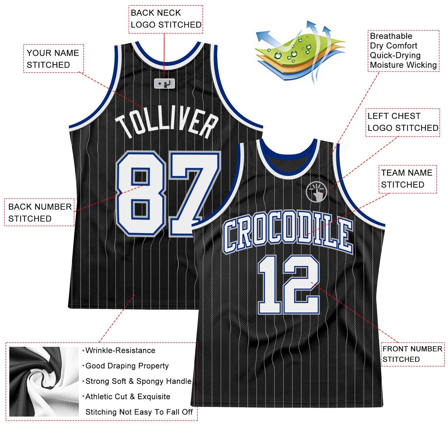 Custom Black Gray Pinstripe White-Royal Authentic Basketball Jersey view 2