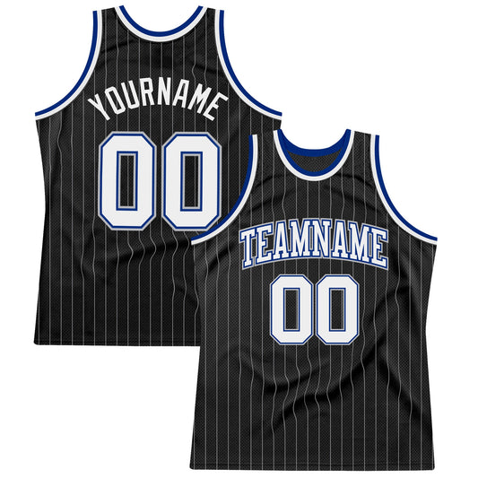 Custom Black Gray Pinstripe White-Royal Authentic Basketball Jersey - Main View