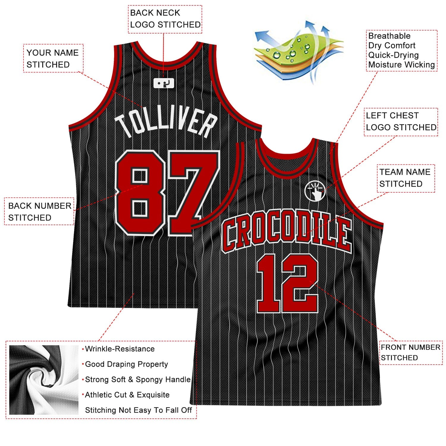 Custom Black White Pinstripe Red-White Authentic Basketball Jersey view 2