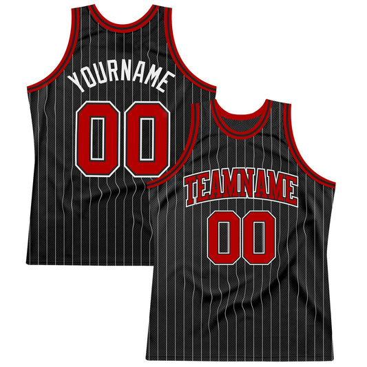 Custom Black White Pinstripe Red-White Authentic Basketball Jersey - Main View