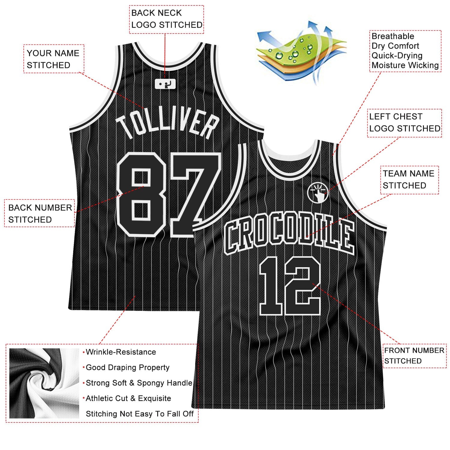 Custom Black White Pinstripe Black-White Authentic Basketball Jersey view 3