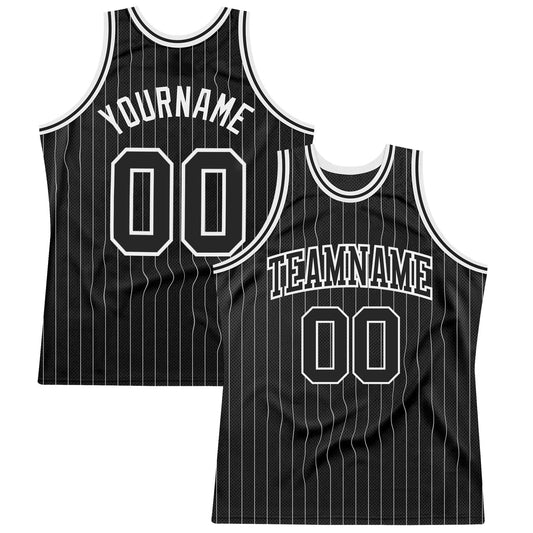 Custom Black White Pinstripe Black-White Authentic Basketball Jersey - Main View