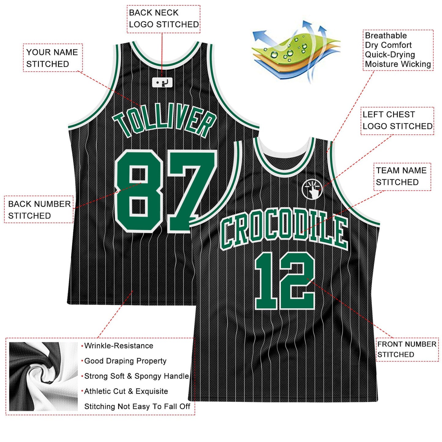 Custom Black White Pinstripe Kelly Green-White Authentic Basketball Jersey view 2