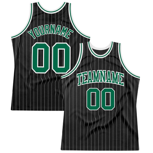 Custom Black White Pinstripe Kelly Green-White Authentic Basketball Jersey - Main View