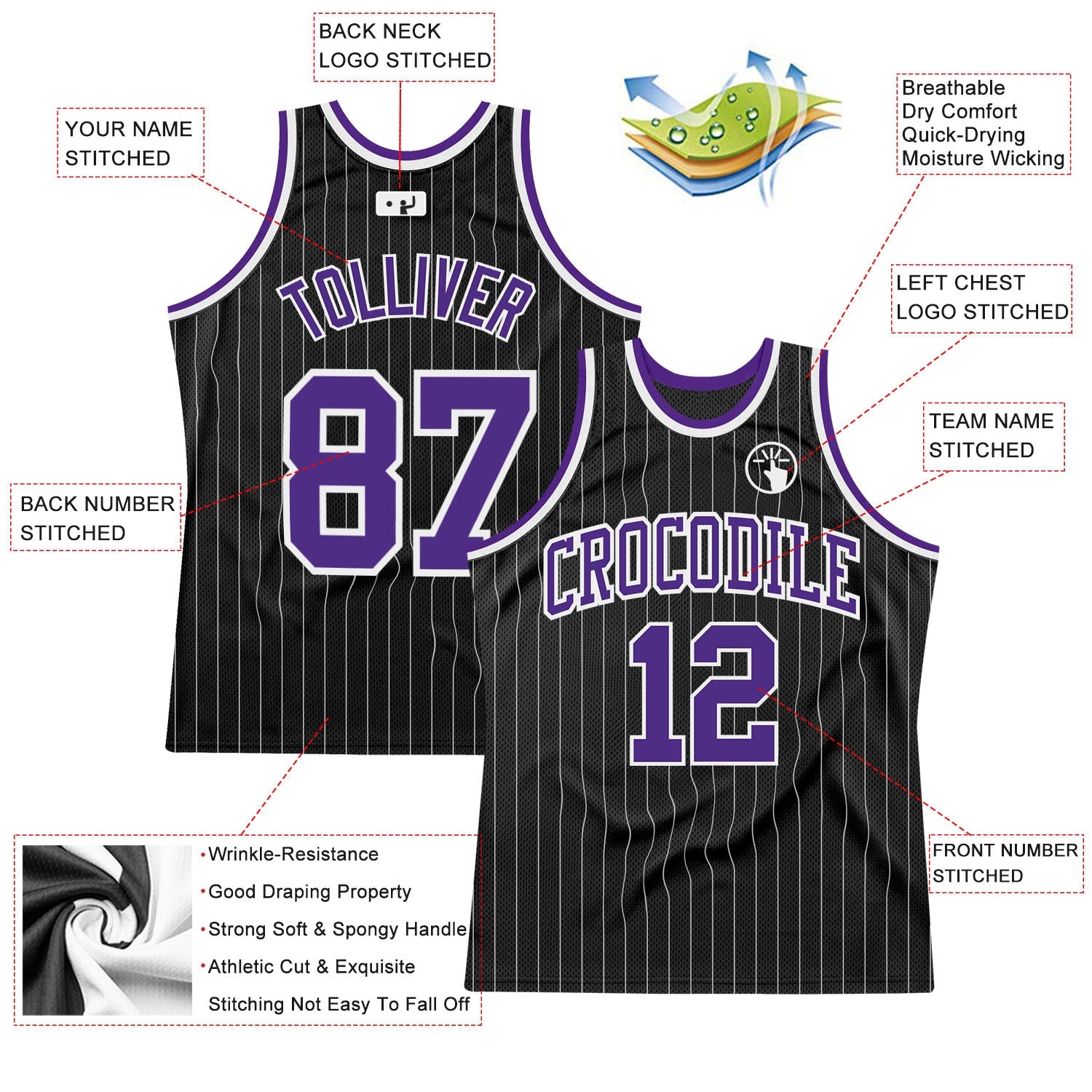 Custom Black White Pinstripe Purple-White Authentic Basketball Jersey view 2