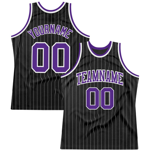 Custom Black White Pinstripe Purple-White Authentic Basketball Jersey - Main View