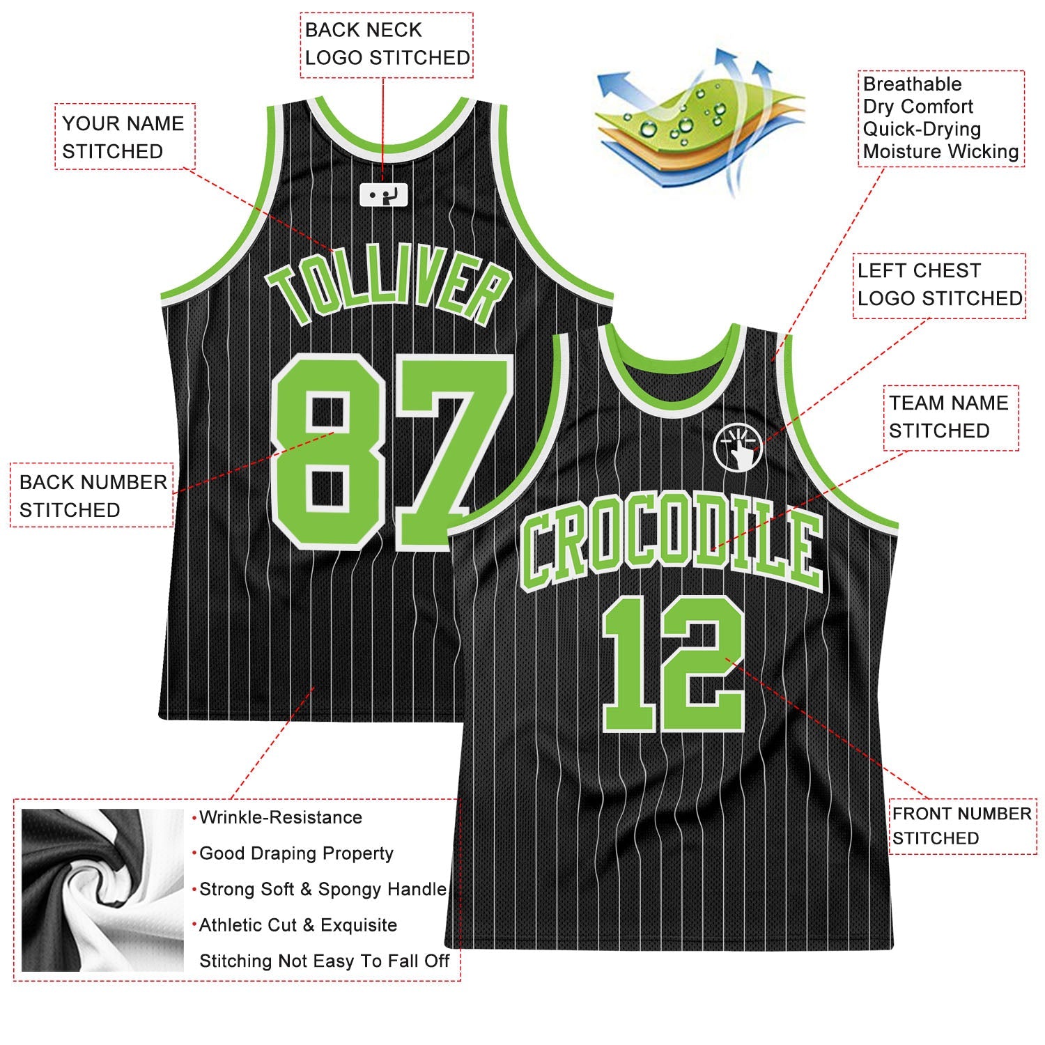 Custom Black White Pinstripe Neon Green-White Authentic Basketball Jersey view 2