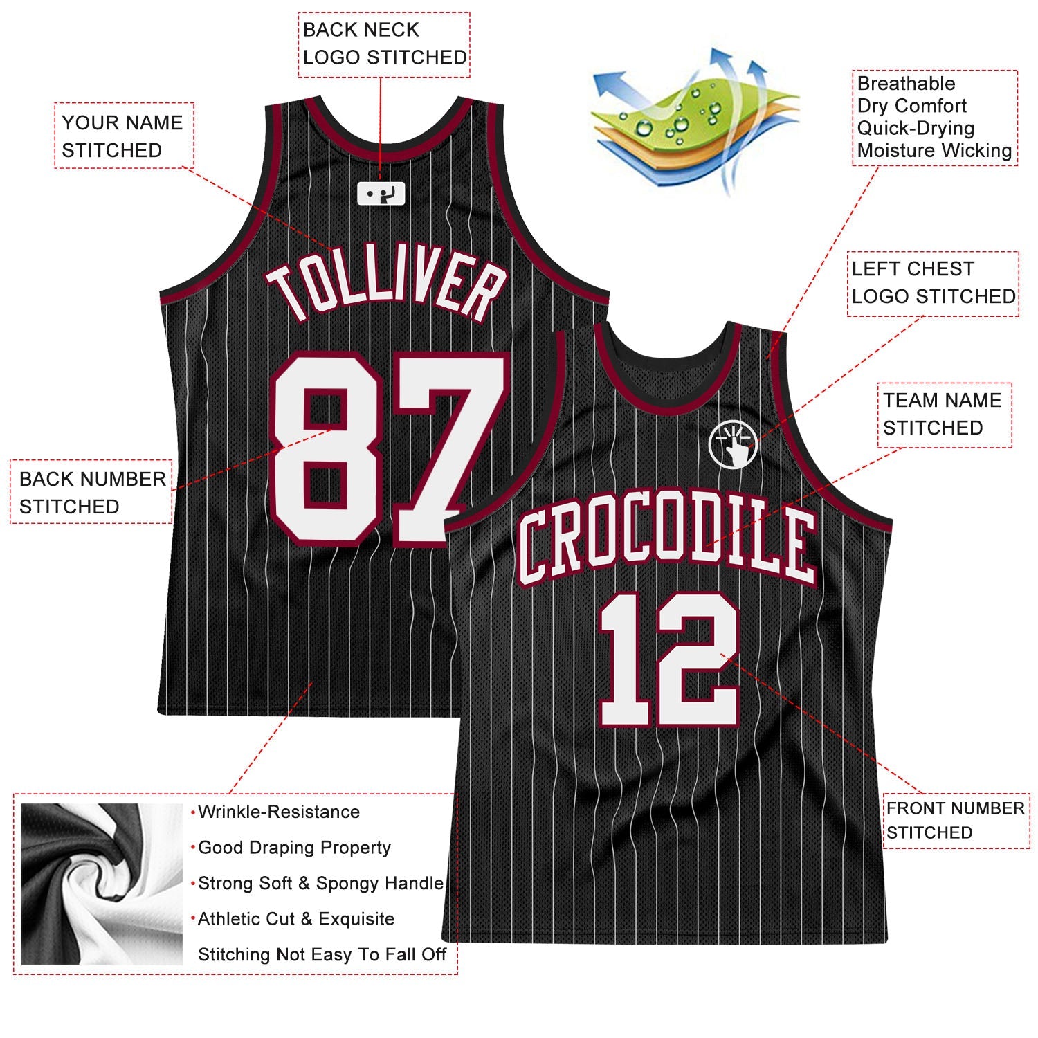 Custom Black White Pinstripe White-Maroon Authentic Basketball Jersey view 2