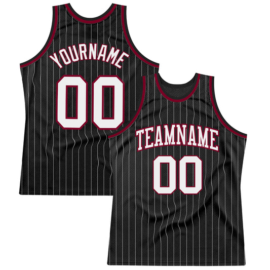 Custom Black White Pinstripe White-Maroon Authentic Basketball Jersey - Main View