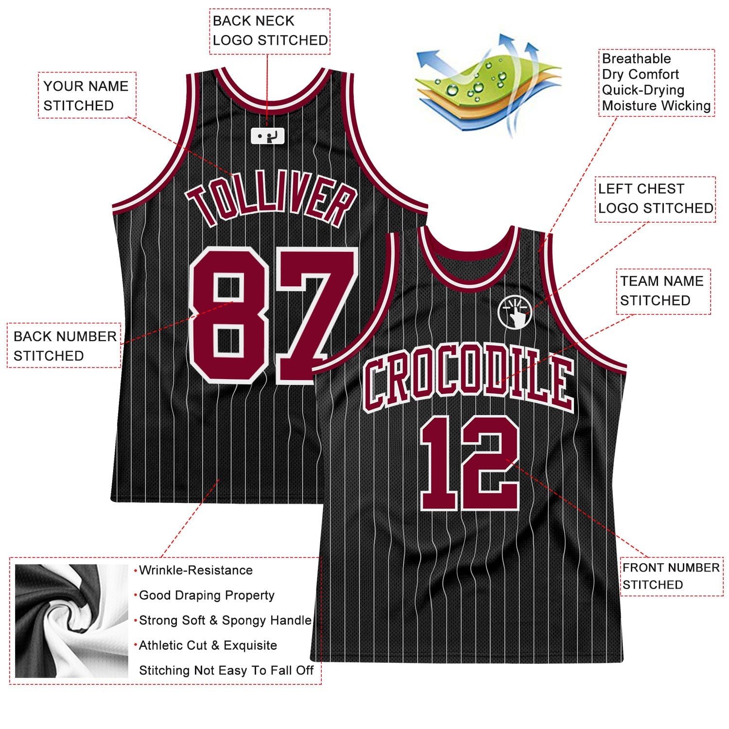Custom Black White Pinstripe Maroon-White Authentic Basketball Jersey view 2