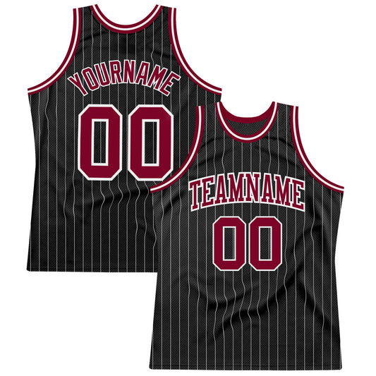 Custom Black White Pinstripe Maroon-White Authentic Basketball Jersey - Main View