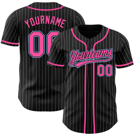 Custom Black White Pinstripe Pink-Light Blue Authentic Baseball Jersey - Main View