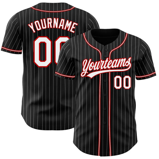 Custom Black White Pinstripe White-Red Authentic Baseball Jersey - Main View