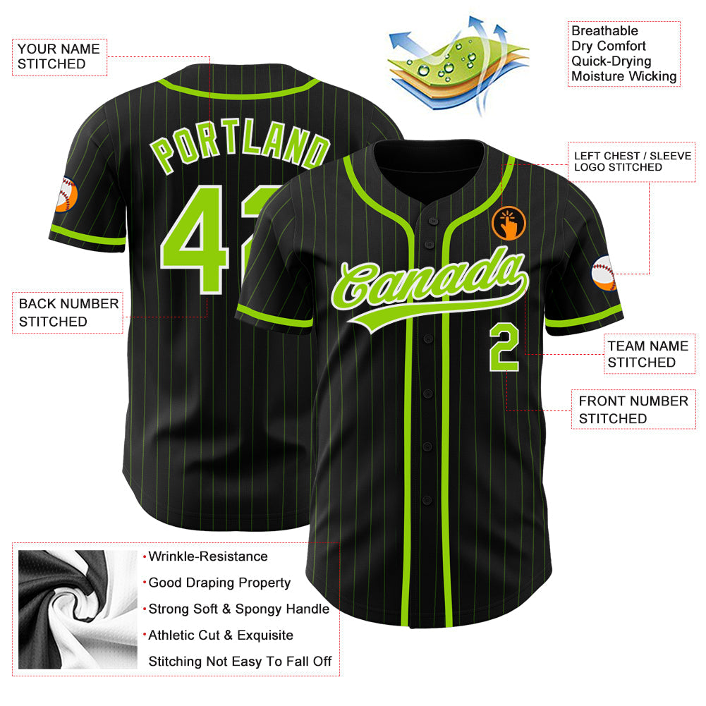 Custom Black Neon Green Pinstripe Neon Green Authentic Baseball Jersey view 3