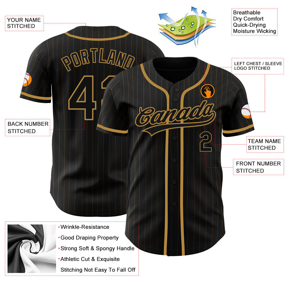 Custom Black Old Gold Pinstripe Black-Old Gold Authentic Baseball Jersey view 3