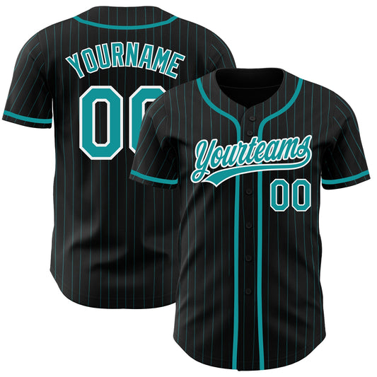 Custom Black Teal Pinstripe Teal-White Authentic Baseball Jersey - Main View