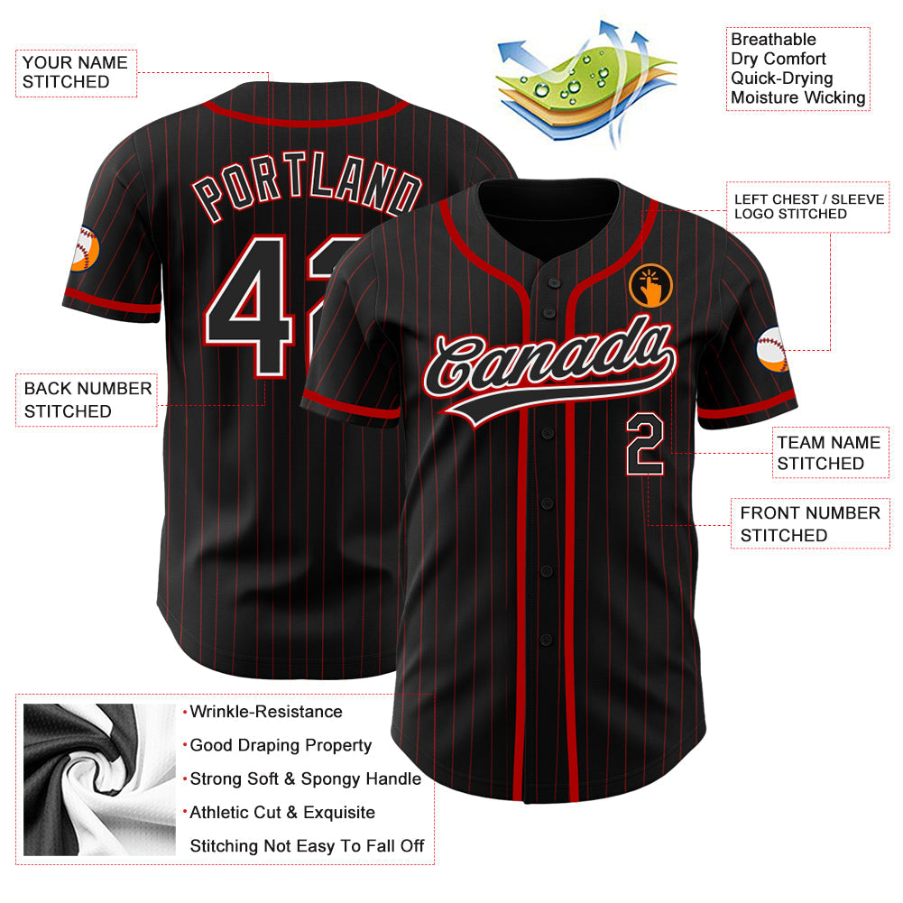 Custom Black Red Pinstripe Black Authentic Baseball Jersey view 3