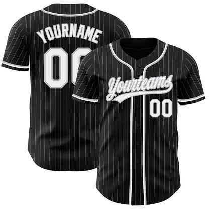 Custom Black Gray Pinstripe White Authentic Baseball Jersey - Main View