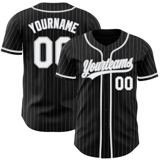 Custom Black Gray Pinstripe White Authentic Baseball Jersey - Main View