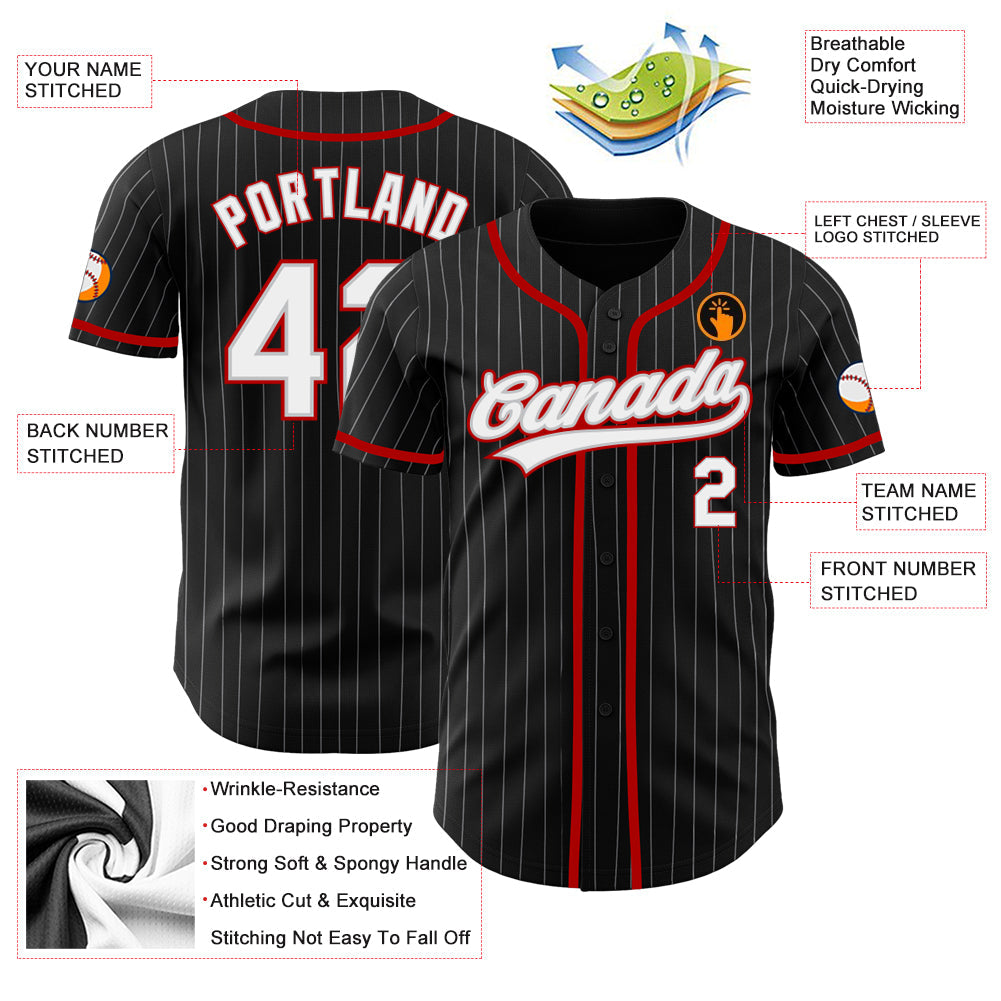 Custom Black Gray Pinstripe White-Red Authentic Baseball Jersey view 3