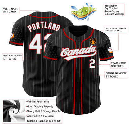 Custom Black Gray Pinstripe White-Red Authentic Baseball Jersey view 3