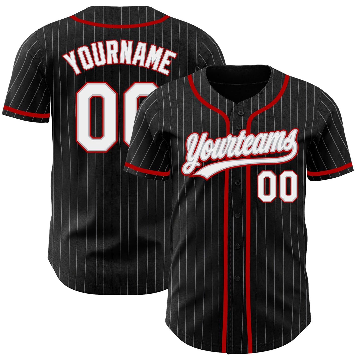 Custom Black Gray Pinstripe White-Red Authentic Baseball Jersey - Main View