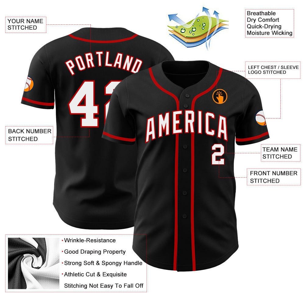 Custom Black White-Red Authentic Baseball Jersey view 3