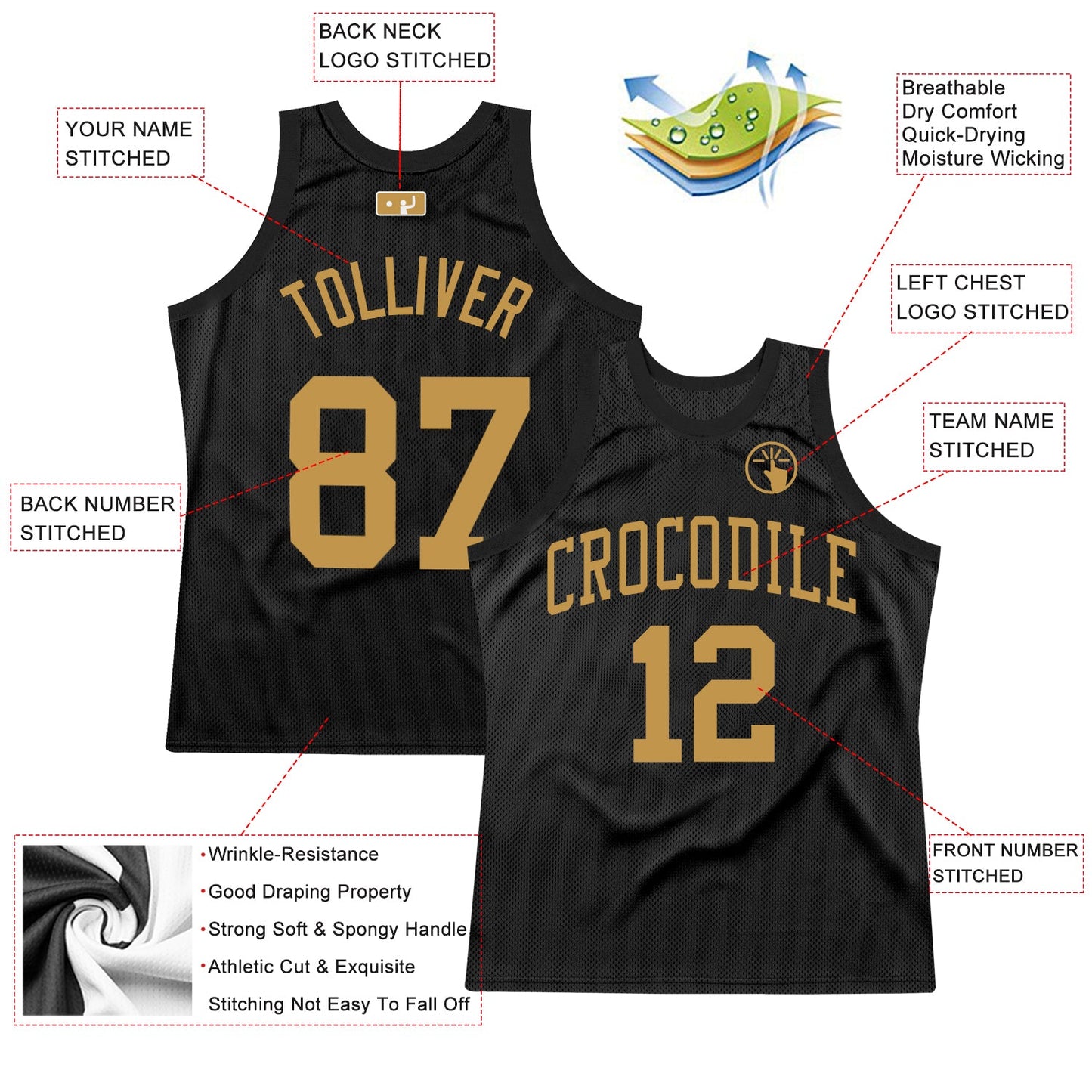 Custom Black Old Gold Authentic Throwback Basketball Jersey view 2